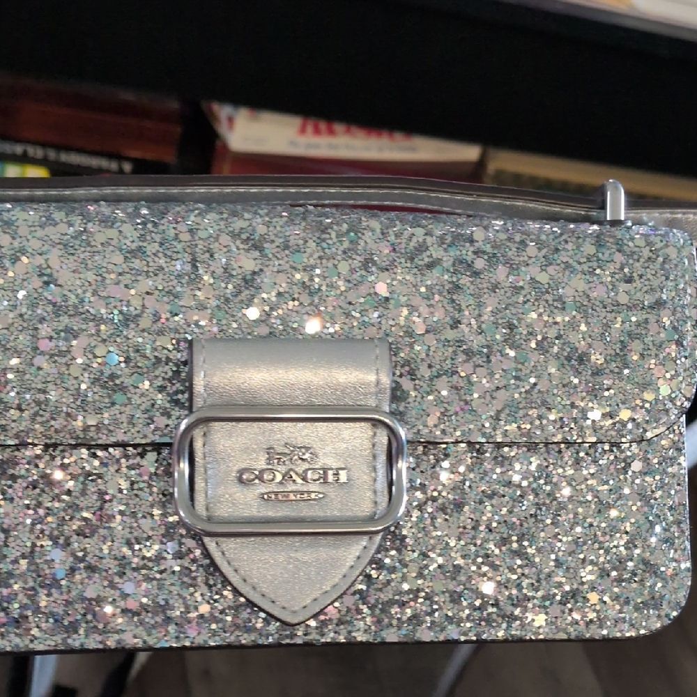 Coach Morgan Crossbody Glitter Silver Leather Clutch Chain